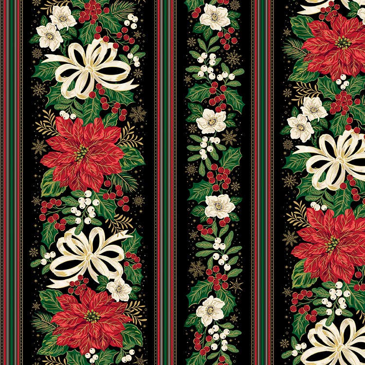 Riley Blake Designs Poinsettias at Christmas Border Stripe Black